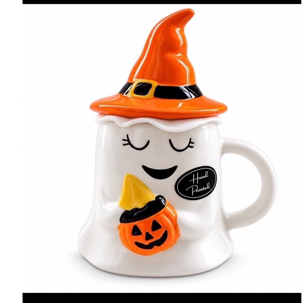 Halloween Ghost Ceramic Mug with Witch Hat Lid and Pumpkin Hand Painted